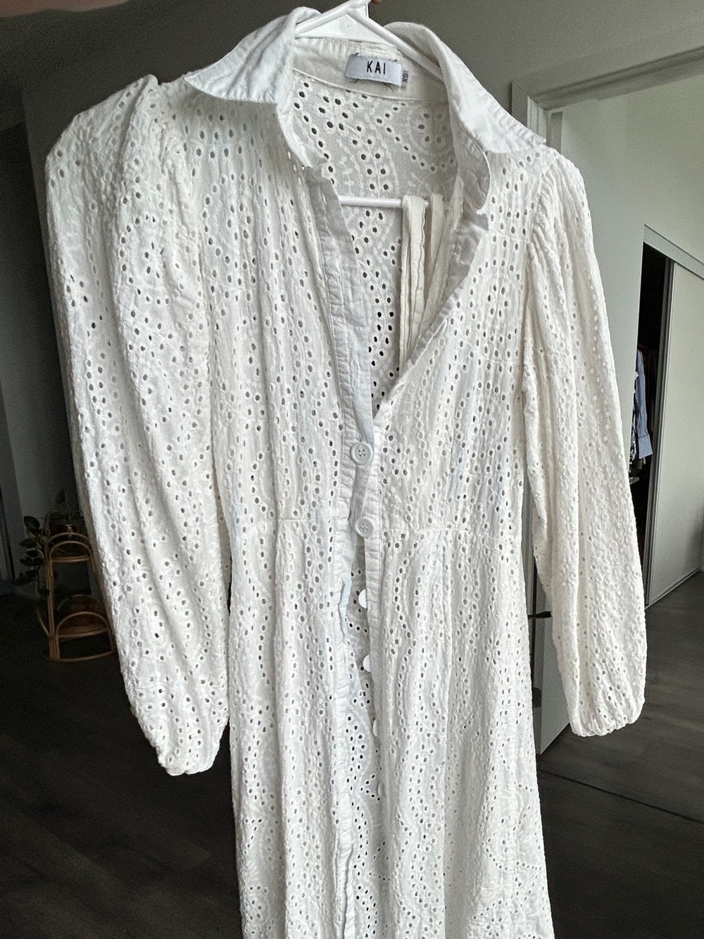 KAI White Eyelet Long-Sleeve Midi Dress